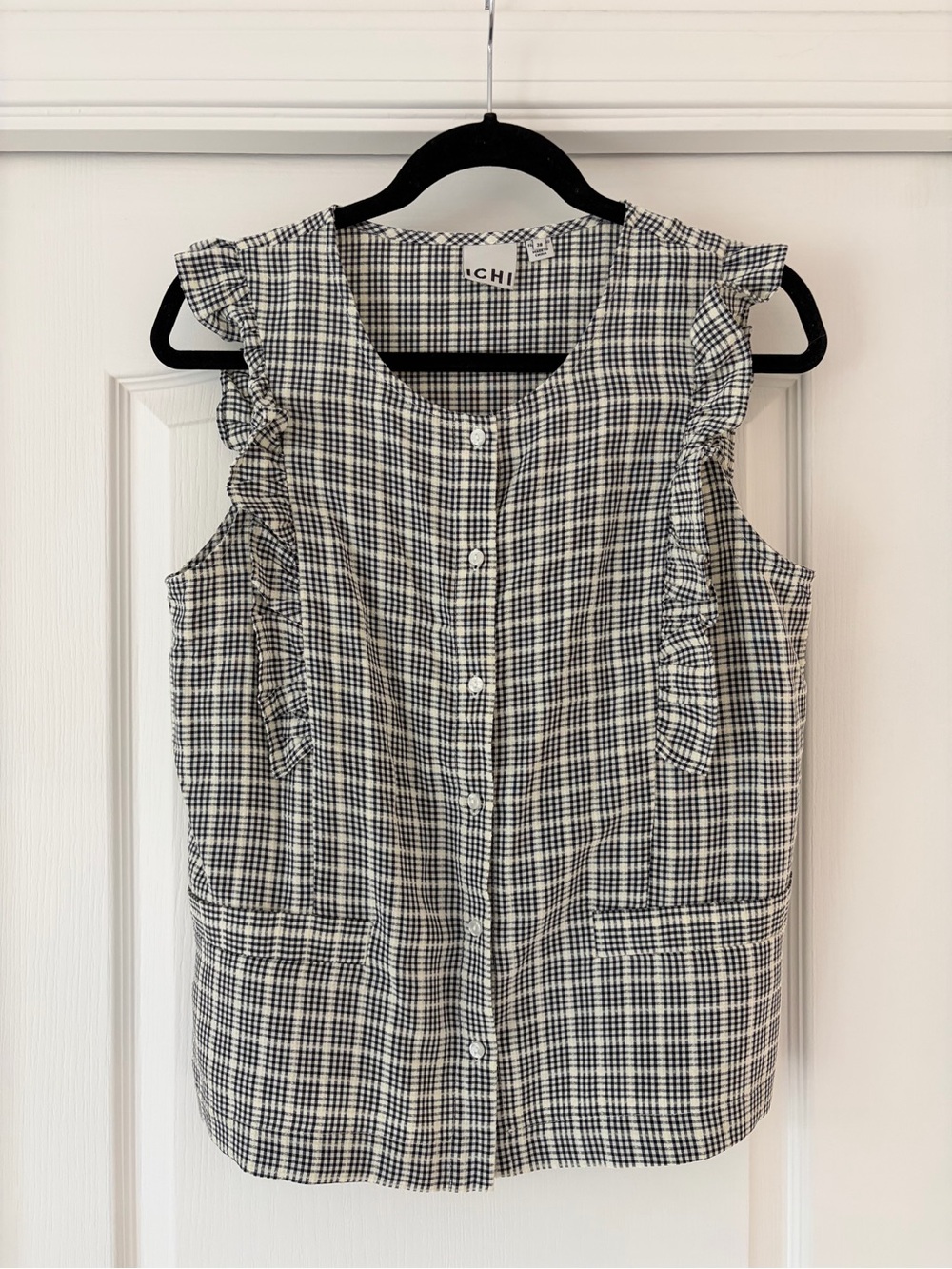 ICHI Black & White Plaid Ruffle-Trim Button Front Camisole